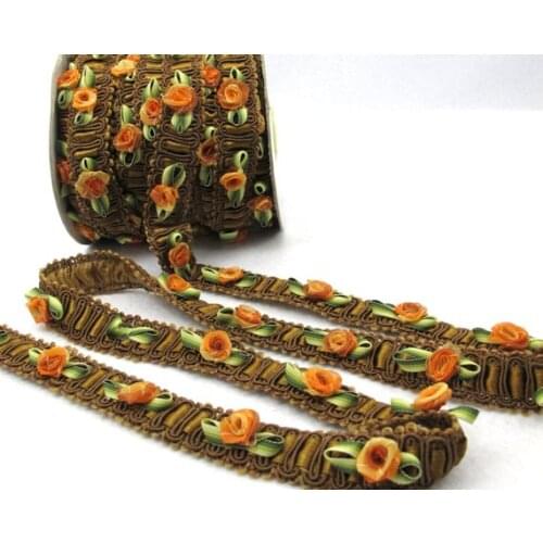 Orange Rose Buds with Green Leaf Loop on Brown Rococo Ribbon Trim|Decorative Floral Ribbon|Scrapbook Materials|Clothing|Decor