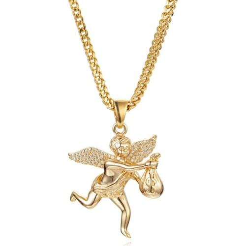 Hip Hop AAA CZ Stone Bling Ice Out Gold Angel Dollars Money Bag Pendants Necklace for Men Rapper Jewelry with cuban chain