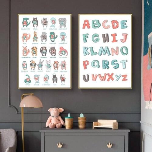 Cartoon Animal Alphabet Poster Educational ABC Letter Canvas Painting Nursery Wall Art Print Picture For Baby Kids Room Decor