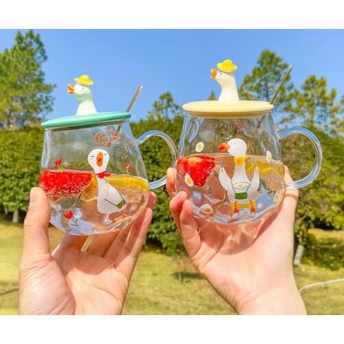 Ins Simple Cartoon Cute Duck Mug Transparent Glass Heat-resistant Tea Cup With Lid Spoon Milk Hot Cold Water Cup Gifts For Girls
