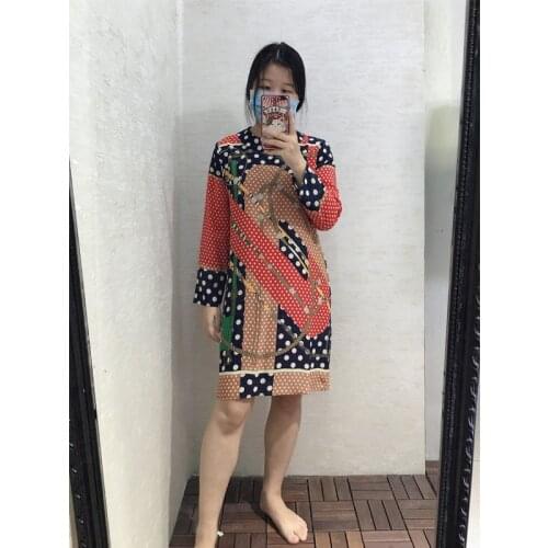 Long Sleeve Silk Print Dress Geometric Pattern Straight Dress