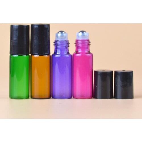 50pcs/lot 5ml empty roll on bottle essential oil bottle coloful glass essential oil with stainless steel roller