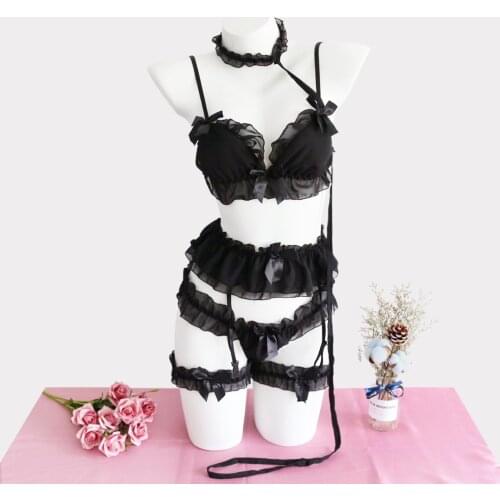 Japanese Womens Unifor Sexy Exotic Costumes Black & White Lingerie Set Lolita Ruffle Underwear Panties Bondage Kawaii Nightwear