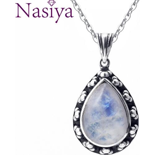 S925 Sterling Silver Pendant Necklace Large Pear Shape 10x14 Natural Moonstone Retro Necklace Engagement Party