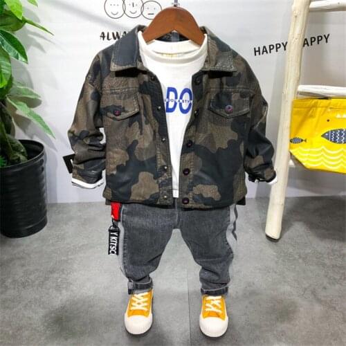 Autumn Boys Sets Camouflage Fashion Leather Long Sleeve Striped Stitching Shirt Jeans Sport Suit For Boys Kids Tracksuit 2-6 Y