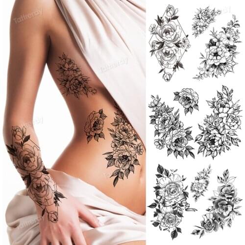 Women Girl Big Arm Sleeve Fake Tattoo Temporary Peony Rose FlowerTatoo Stickers Custom Black Turtle Tattoos Girls Body Art Sexy