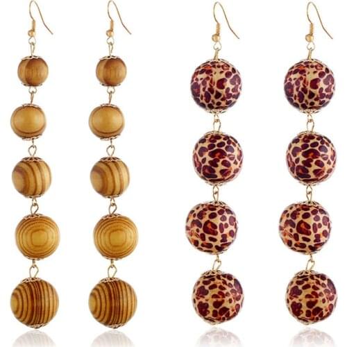 Vintage Retro Long Hanging Earrings Leopard Wood Beads Pendant Tassel Ethnic Drop Earrings For Women Street Jewelry