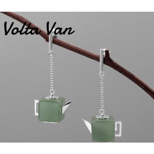 Volta Van Elegant 925 Sterling Silver Drop Earrings Pendientes Plata Vintage Aventurine White Turquoise Teapot Concise Earrings
