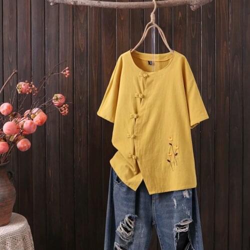 Plus size O-neck drop-shoulder sleeve Embroidery women summer t shirt 2021 new ladies yellow red tee shirts femme t-shirt