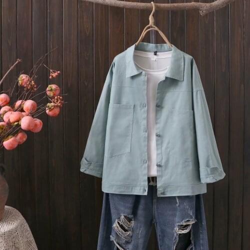 Plus size off white black light green women cotton coat 2021 spring autumn ladies pocket cotton turn-down collar female top coat