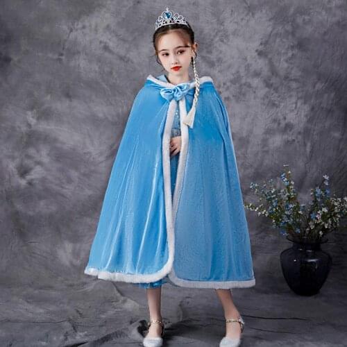 Blue Pink Winter Girls Velvet Princess Long Cloak Fancy Fairy Belle Kids Faux Fur Wedding Bolero Hooded Cape