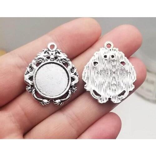 10pcs/lot 16MM Antique Silver plated Round Dragon Pendant Trays,Cameo Settings,Necklace Pendant Settings for Cabochon