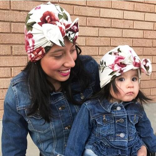 2Pcs Newborn Infant Baby Girl Boy and Mom Turban Hat Bows Flower Head Wrap Leopard India Hat Cotton Cap Parent-child Suit Beanie
