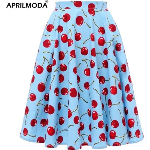 2021 Summer High Waist Swing Skirts Womens Cotton Cherry Print Floral Swing Pin-up 50s Retro Vintage Skirts School Jupe Femme