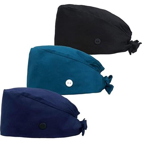 3PC Scrubs Cap With Buttons Bouffant Working Hat With Sweatband For Womens Mens Unisex Solid Adjustable Elastic Scrubs Hats