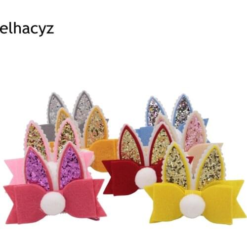 8pcs/lot 3'' Bow Hairpin Glitter Rabbit Ear Hair Clip Fashion Felt Bow Barrette with Pom Headwear Girls Animal Ears Hairpin