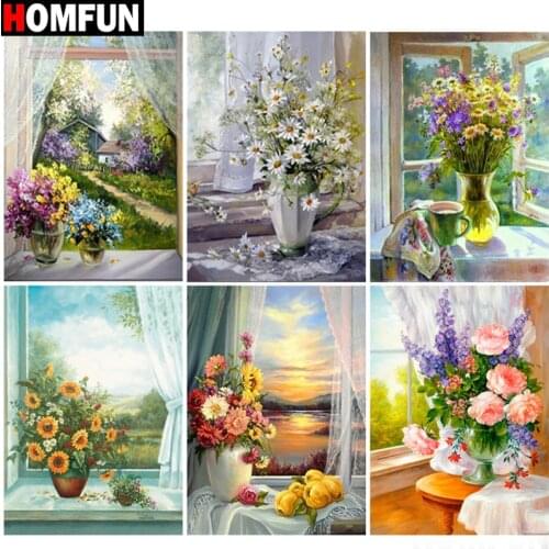 HOMFUN Full Square/Round Drill 5D DIY Diamond Painting "Bouquet window view" Embroidery Cross Stitch 5D Home Decor Gift