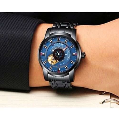 AILANG Top Brand Waterproof Men Automatic Mechanical Watch Black Steel Fashion Brand Business Man Watches New 2021