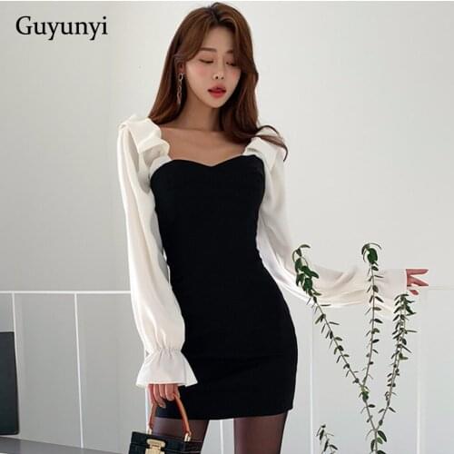 Black High Waist Tight Dress 2020 Autumn Winter Square Collar White Puff Sleeve Sexy Backless Elegant Party Dress Women