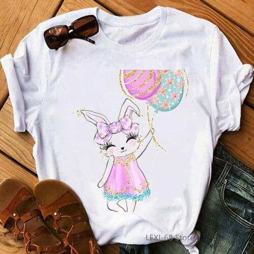 Cute Pink Rabbit Love Balloon Print T Shirt Women Kawaii Magic Girls Tshirt Female Summer Tops Tee Shirt Femme Streetwear