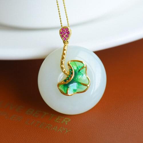Natural Hetian Jade S925 Sterling Silver round Jade Pendant Lotus Leaf Jade Pendant Pendant Necklace Female Accessories to Give