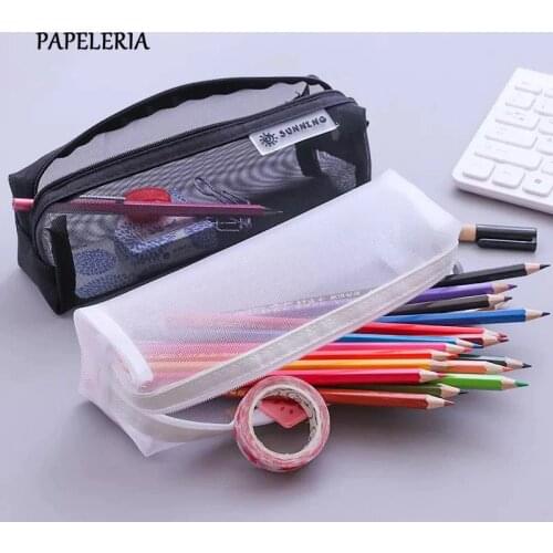 Kawaii Cute Solid Color Transparent Mesh Pencil Case School Student Supplies Black Pen Box Pen Bag Stationery Storage Bag