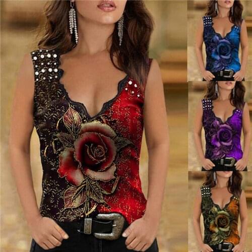 Sexy Tank Top Women 2021 New Fashion Summer Floral Multicolor Rose Print Sleeveless Tops Elegant Ladies Blouse Vest