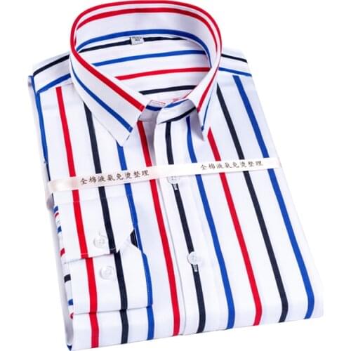 Mens Casual Pure Cotton Shirts Color Block Striped Wrinkle-Resistant Dress Shirt Long-Sleeve Standard-Fit Hidden Button Collar