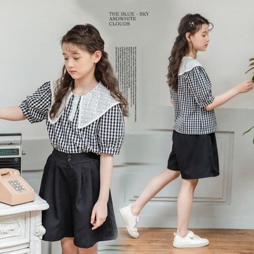 Girls Outfits Puff Sleeve Plaid Tops Black Shorts Sets for Girls Summer Casual Two Pieces Big Turndown Collar Children Clothing