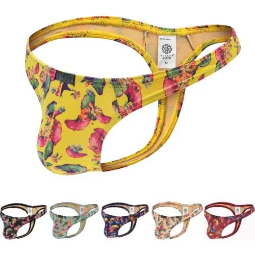 Low Rise Sexy Men Underwear Ginkgo Biloba Print Thongs And G String Bikini Slip Hombre Underpants Tрусы Mужские S,M,L,XL B164