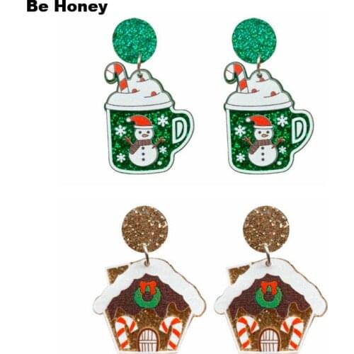 New Arrival Christmas Green Cup And Gingerbread House Acrylic Stud Earrings For Women Glittering Holiday Fashion Jewelry Gifts