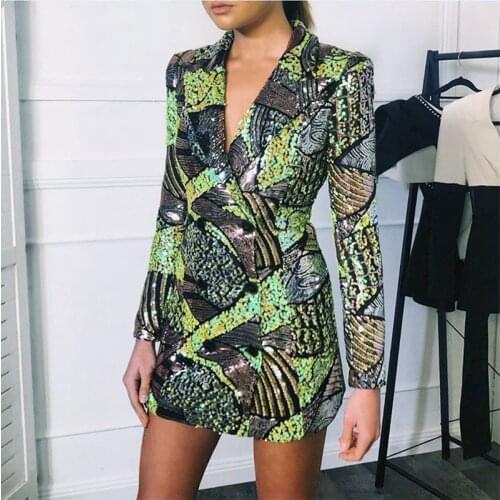 Nightclub Stage Performance Costumes Women Printing Sequined Dress Blazer Rave Outfits Singer Clothing Jazz Dancing Wear YS1661