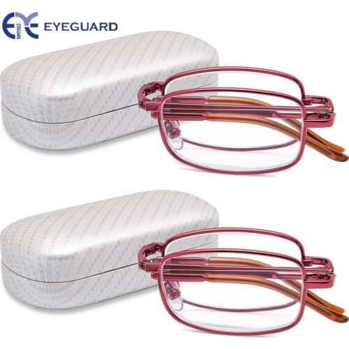 EYEGUARD Metal Foldable Reading Glasses Folding Readers Fold Magnify full Frame with Hard Case Red Unisex Women and Men