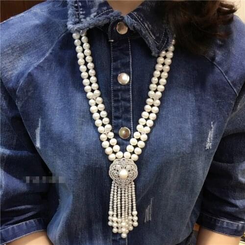 Hand knotted 2rows natural 7-8mm white freshwater pearl zircon accessories necklace fashion jewelry