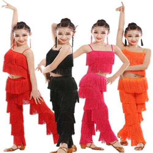 Latin Dance Dress For Kids Girls Adult Ballroom Tassel Fringe Tops Pants Salsa Samba Costume Children Dance Competition Costume