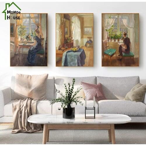 Retro Figure Canvas Painting Woman Sitting By The Window Vintage Poster Wall Art Picture for Reading Room Home Decorations