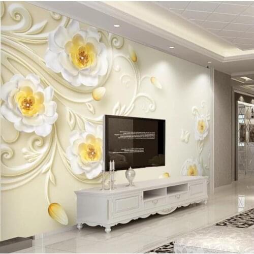 Wallpaper roll size living room bedroom 3D embossed luxury golden flower jewelry TV background wall