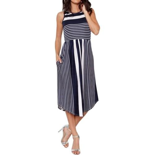 Chic New Summer Womens Fashion Casual Loose Elegant O-neck Simple Wide Sleeveless Striped Clothing Straight Dress Plus Size