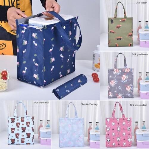 Foldable Lunch Bags Food Pack Thermal Insulated Cooler Fresh-keeping Kitchen Storage Picnic Handbag for School Office w Flamingo