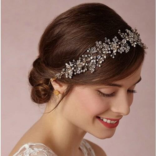 Bridal Shinny Crystal Headband Tiara Wedding Hair Accessories Bead Head Band Rhinestone Headpieces With Pearl Ribbon Mariage