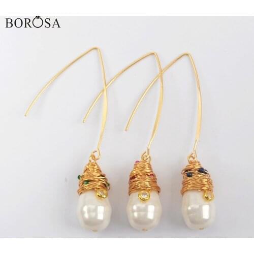 BOROSA 5Pairs Natural Pearl Dangle Earrings Baroque Wire Wrap Zircon Earrings Water Drop Earrings Jewelry for Women WX1274-E