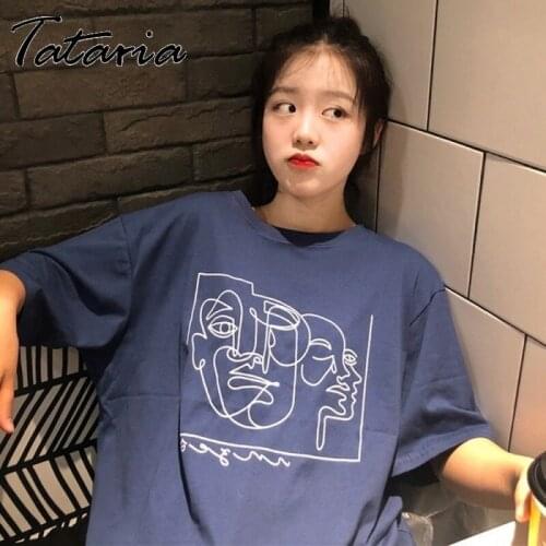 Abstract Human Face Printed Women 2021Summer T-shirt Fashion Short Sleeve Women Tops White Graphic Tees Round-neck Top Harajuku