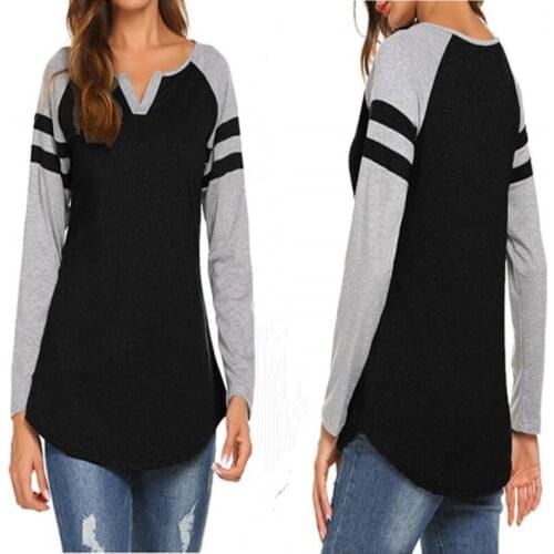 V-neck Womens Long-sleeved Patchwork T-shirt Blouse Tops