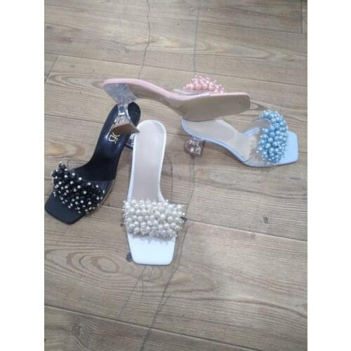Womens slippers 2021 summer sandals 7 cm heels glass transparent heel pearl grain trend shoes summer fashion Style styled
