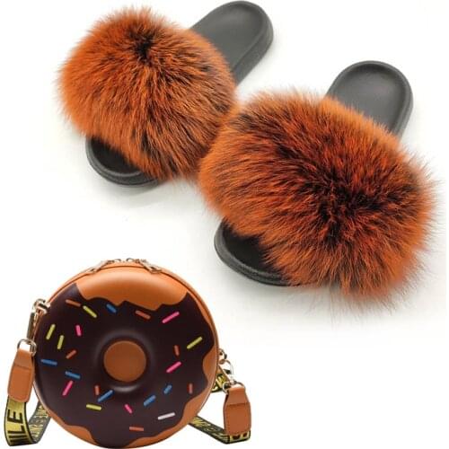 Womens Outside Furry Fox Fur Slippers Sweet Donut Purse Sets Fluffy Slides Shoes Female Round Crossbody Bags Home Flip Flop
