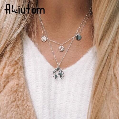 ALIUTOM World Map Pendant Necklace for Women Silver Color Gold Metal Dainty Globe Earth Layered Necklace Globetrotter Collares