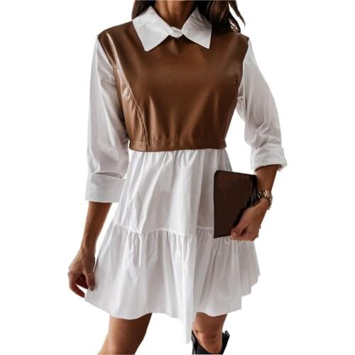 Womens Faux Leather Plaid Patchwork A-line Mini Dress Pleated Short Shirt Dresses Female 2021 Spring Summer Ladies Vestidos