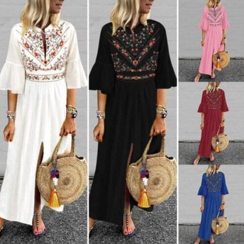 New Pop bohemian ladies dress retro printed dress round sexy V-neck pleated sleeve split dress large size casual loose dress