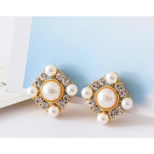 2018 New Design Double Round Shape Rhinestone Clip on Earrings Without Piercing Fashion Simulated Pearl Ear Clip