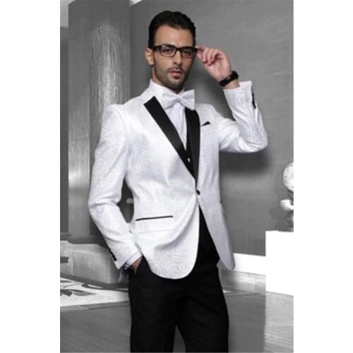 Italian Style White And Black Groom Tuxedos Slim Fit Mens Wedding Suits Bridegroom Attire Groomsman Suit (Jacket+Pants+Vest)